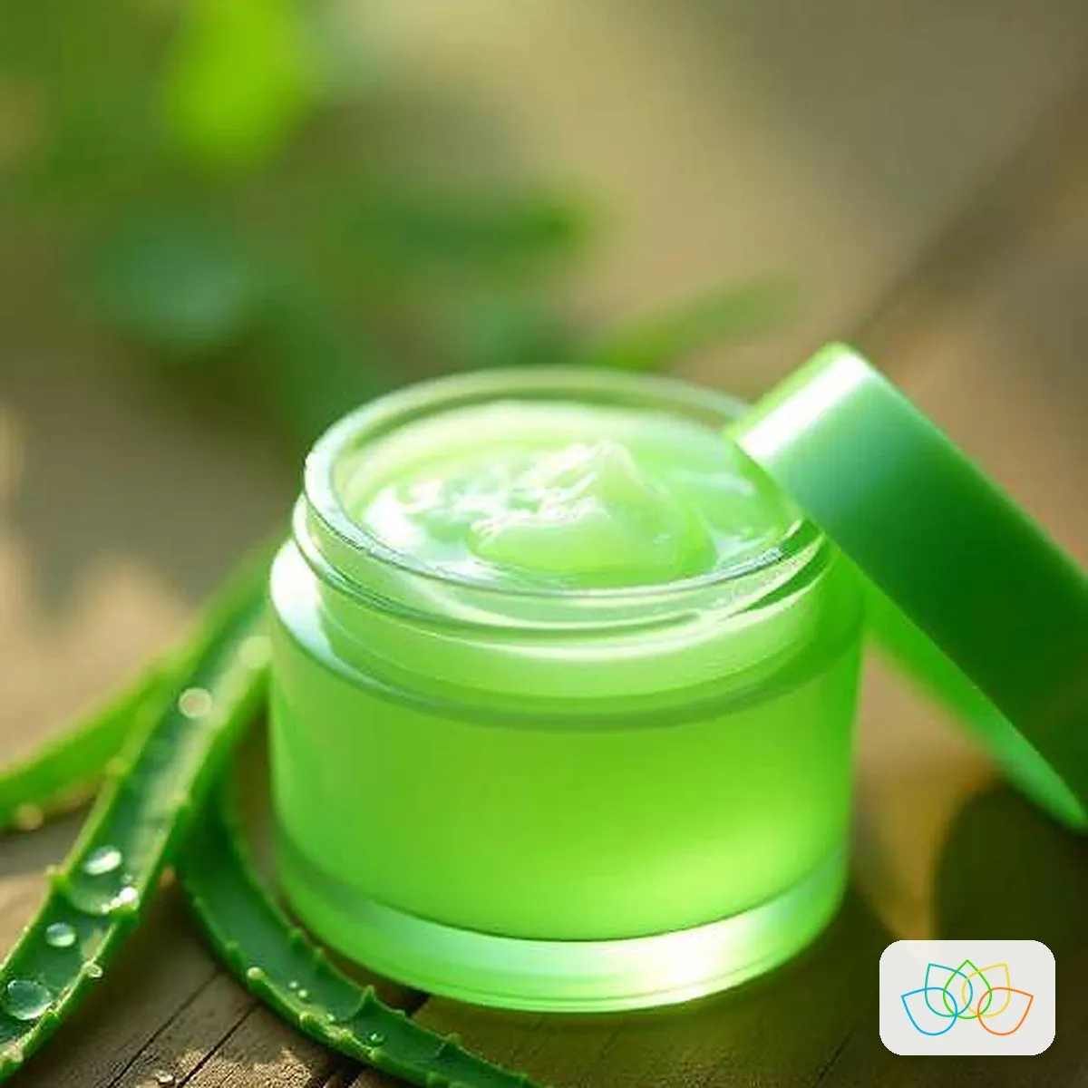 Aloe vera gel in a jar beside a fresh aloe leaf