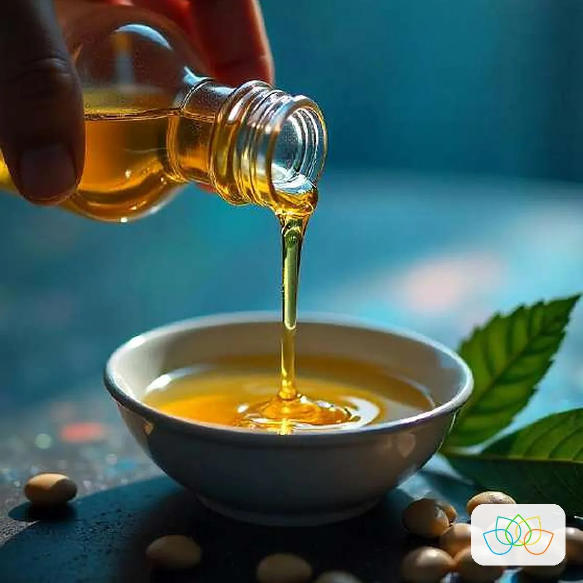 Cold-pressed castor oil being poured into a bowl, with castor seeds