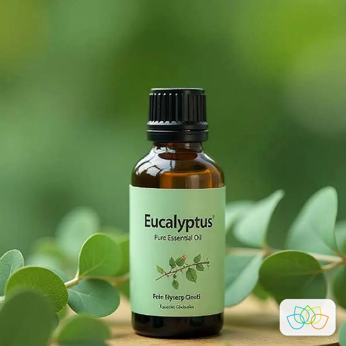 Eucalyptus essential oil bottle among eucalyptus leaves