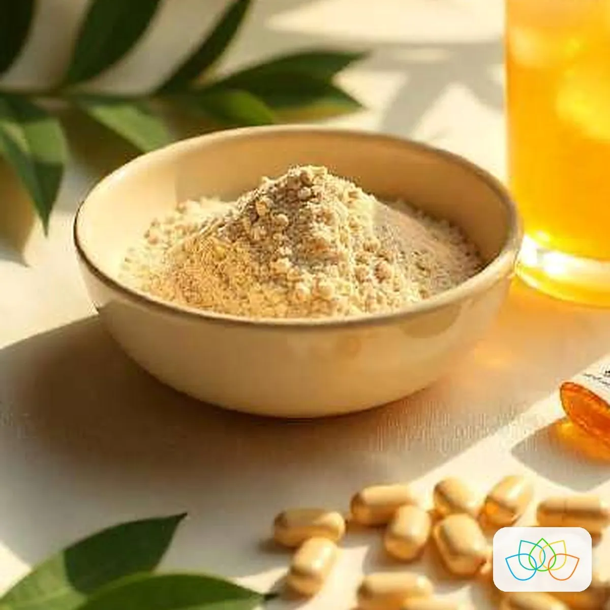 Giloy (guduchi) powder in a bowl with herbal capsules