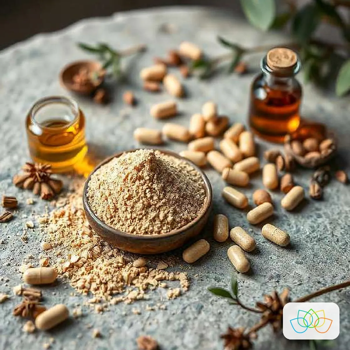 Guggul resin powder with resin pieces and capsules