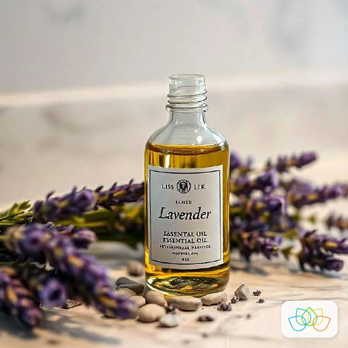 Lavender essential oil bottle with dried lavender