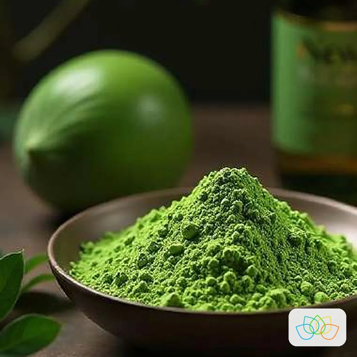 Bright green neem leaf powder in a bowl