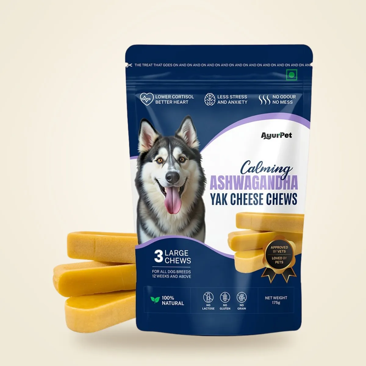 Ashwagandha yak cheese chews: retail pouch with large chews