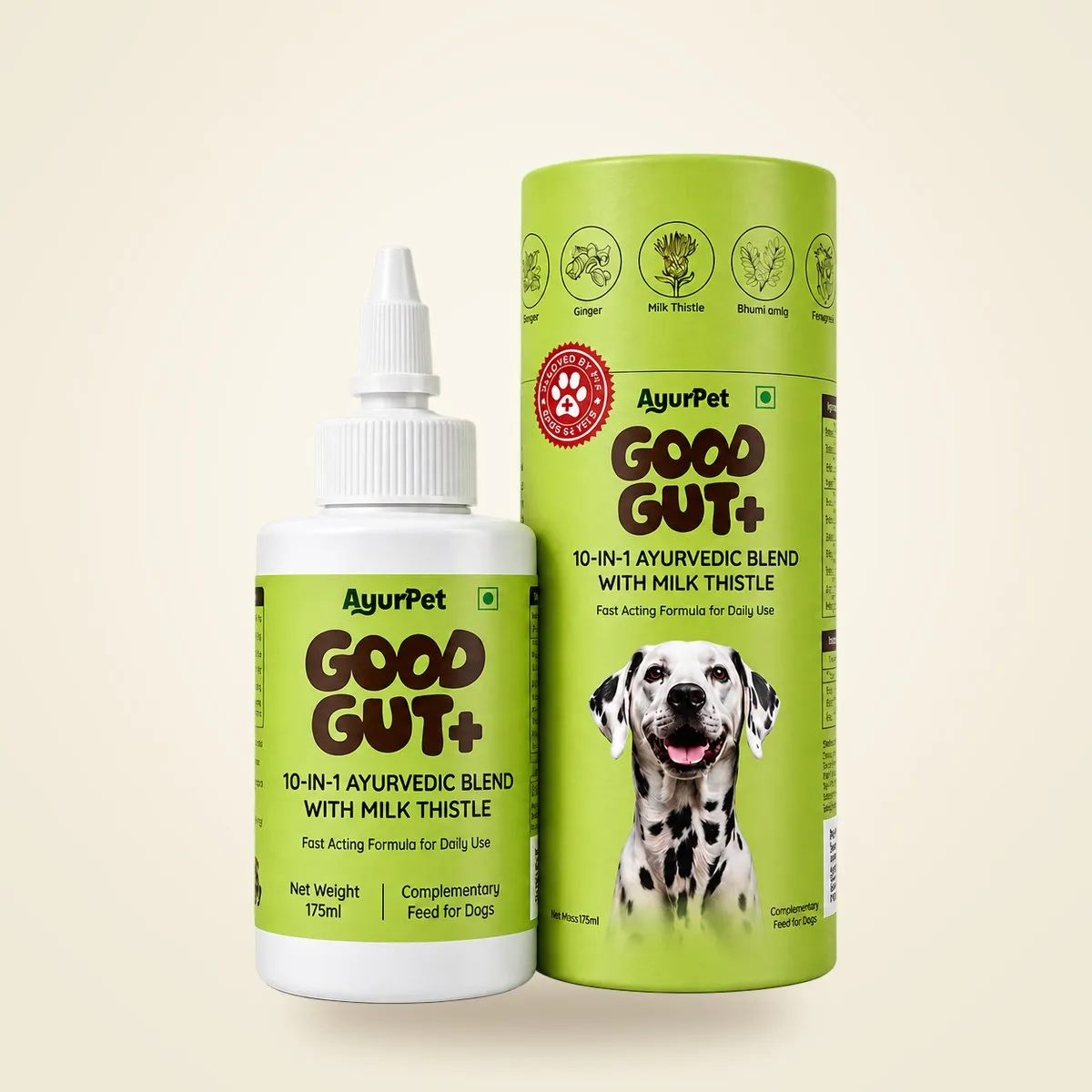 An Ayurvedic gut-health blend for dogs, in a dropper bottle and retail tube