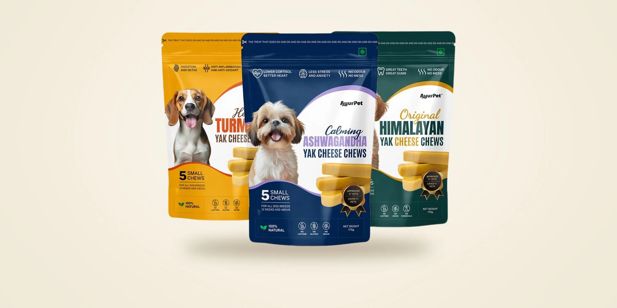 Three retail pouches of yak cheese chews: turmeric, ashwagandha and original Himalayan