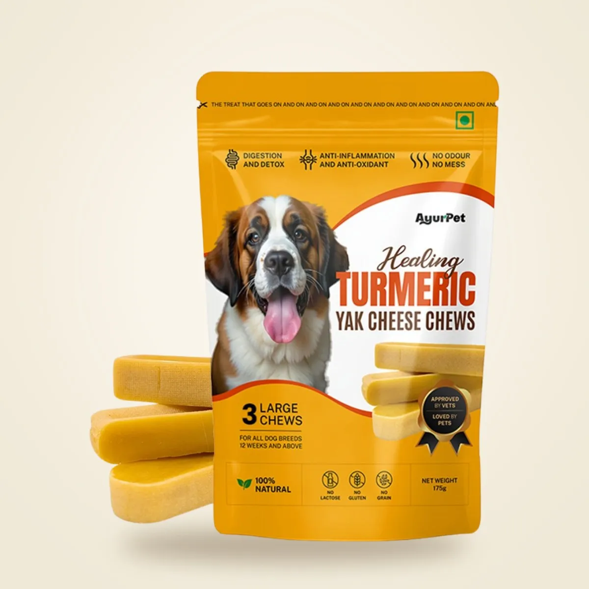 Turmeric yak cheese chews: retail pouch with large chews