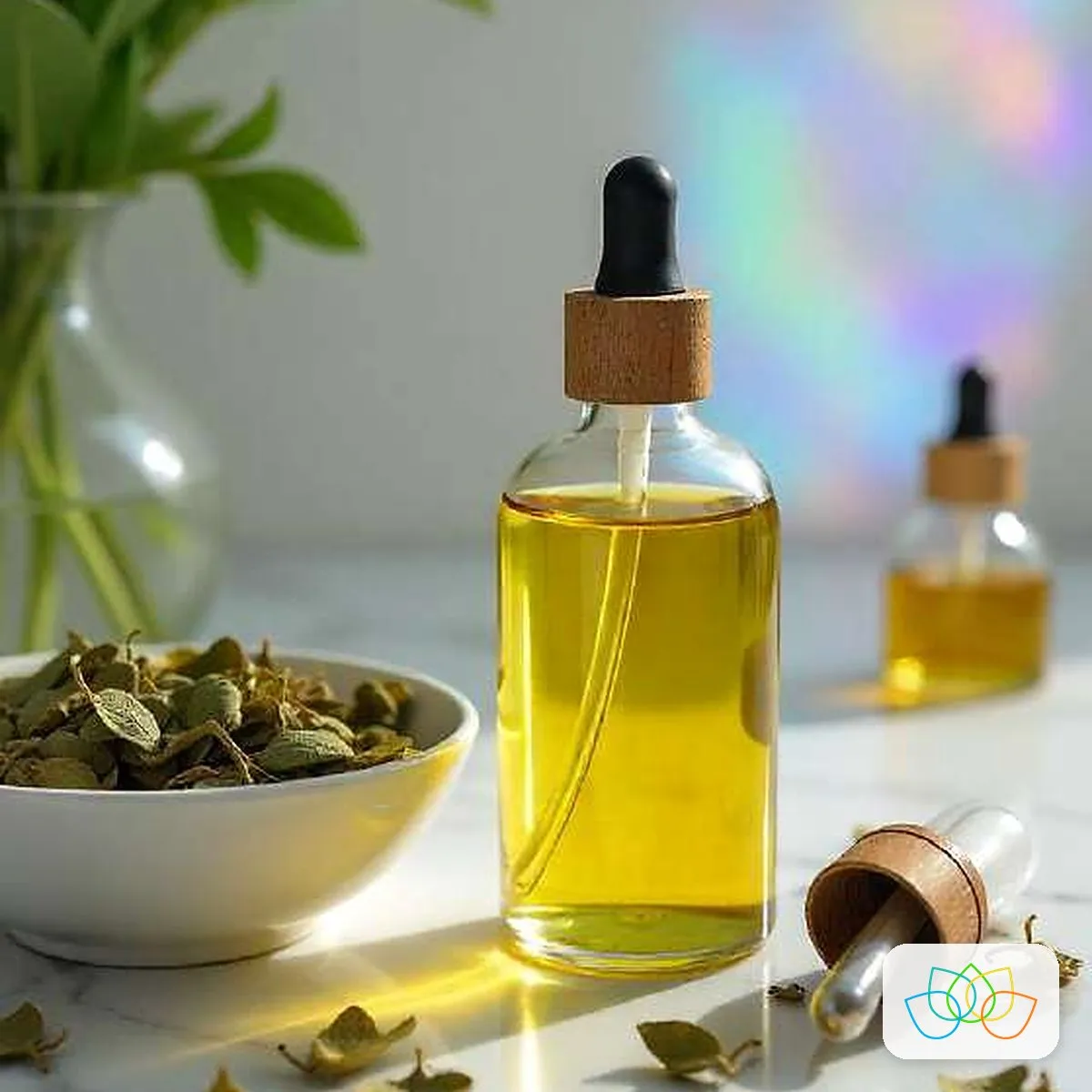 Patchouli oil in a dropper bottle with dried patchouli leaves