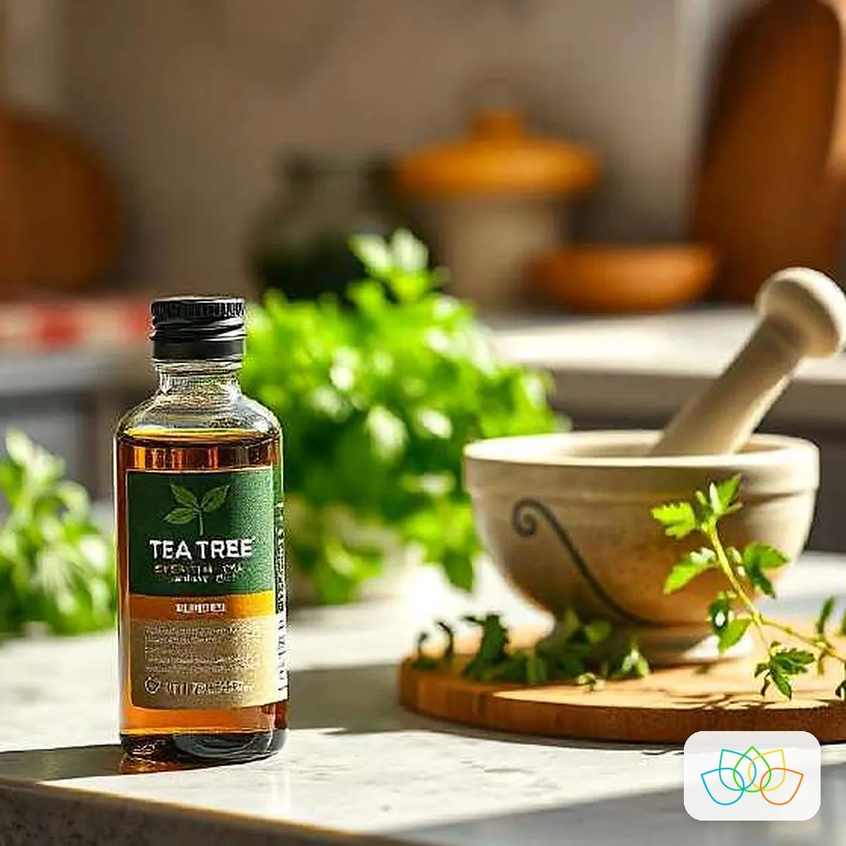 Tea tree essential oil bottle on a kitchen counter