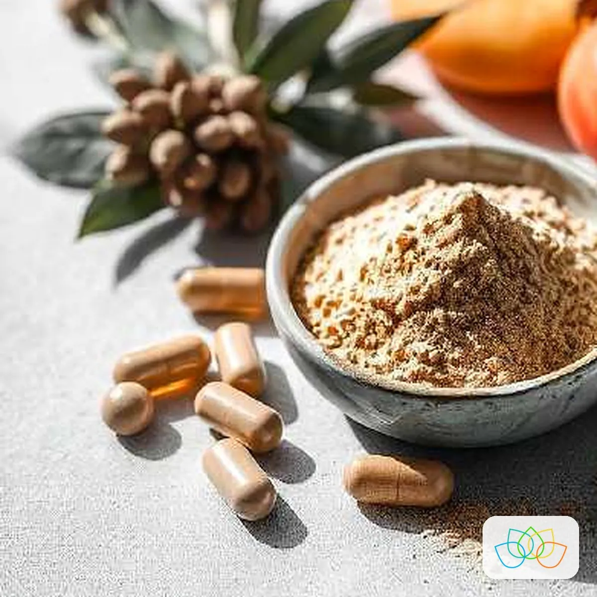 Triphala powder in a bowl with capsules