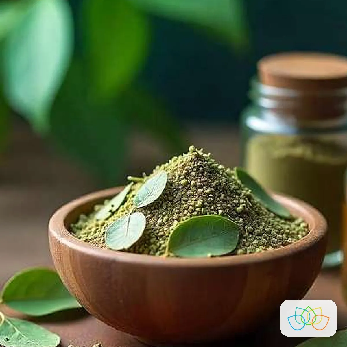 Dried tulsi (holy basil) leaves and powder in a wooden bowl