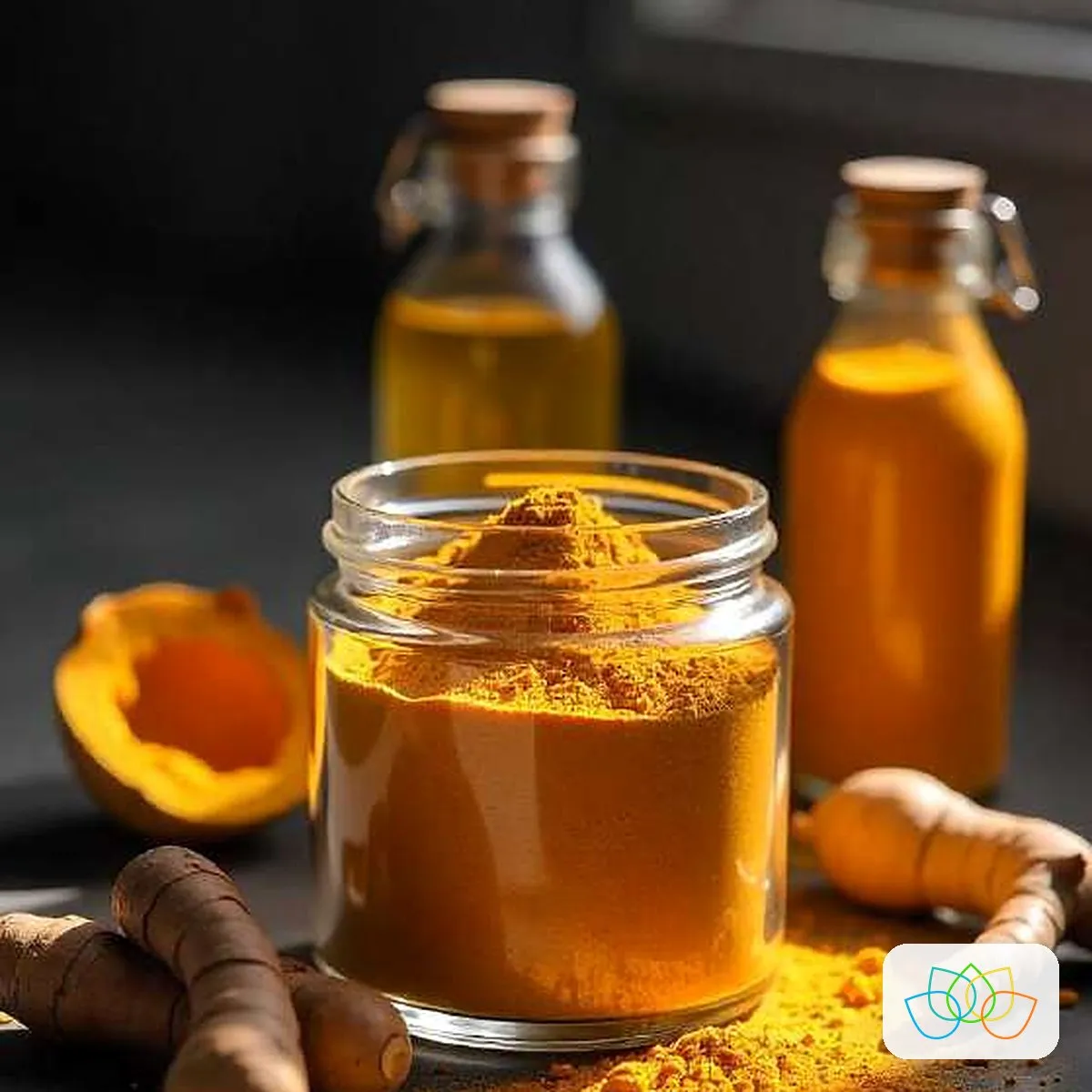 Turmeric powder in a glass jar with fresh turmeric roots